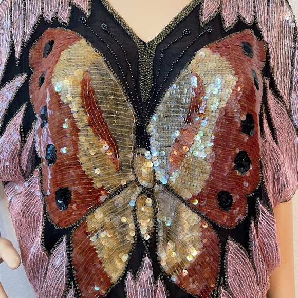 80’s Joan Crawford glamorous vintage handmade sequin beaded butterfly v-n tunic! - Picture 4 of 13